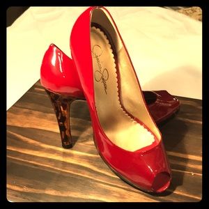 Jessica Simpson red with leopard heels - 8 1/2